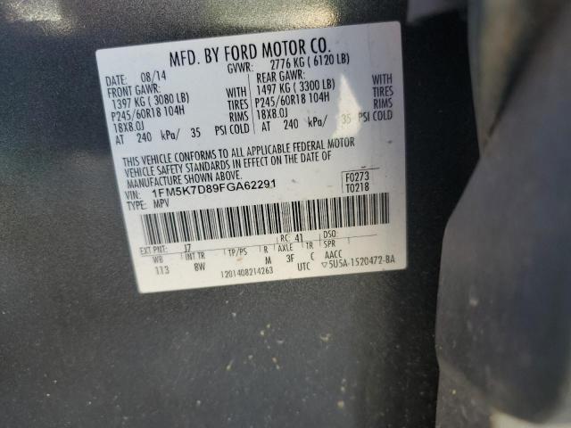 1FM5K7D89FGA62291 - 2015 FORD EXPLORER XLT GRAY photo 13