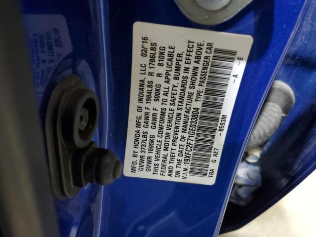 19XFC2F71GE033804 - 2016 HONDA CIVIC EX BLUE photo 12