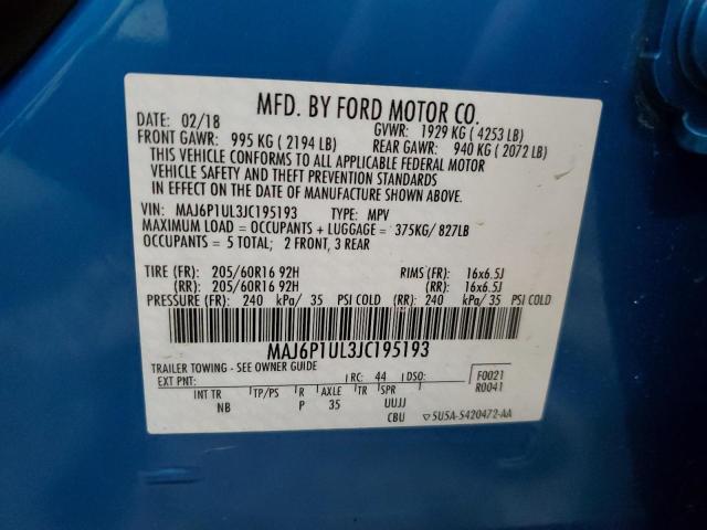 MAJ6P1UL3JC195193 - 2018 FORD ECOSPORT SE ლურჯი ფოტო 14