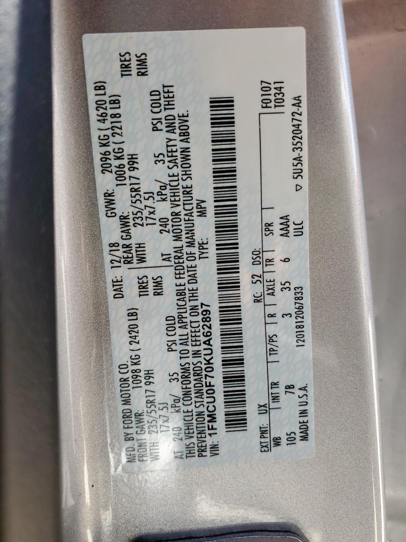 1FMCU0F70KUA62897 - 2019 FORD ESCAPE S Argent photo 14