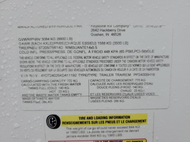 4YDT24025KD411192 - 2019 KEYSTONE PASSPORT WHITE photo 10