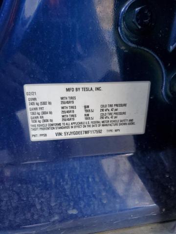 5YJYGDEE7MF117592 - 2021 TESLA MODEL Y Կապույտ լուսանկար 12