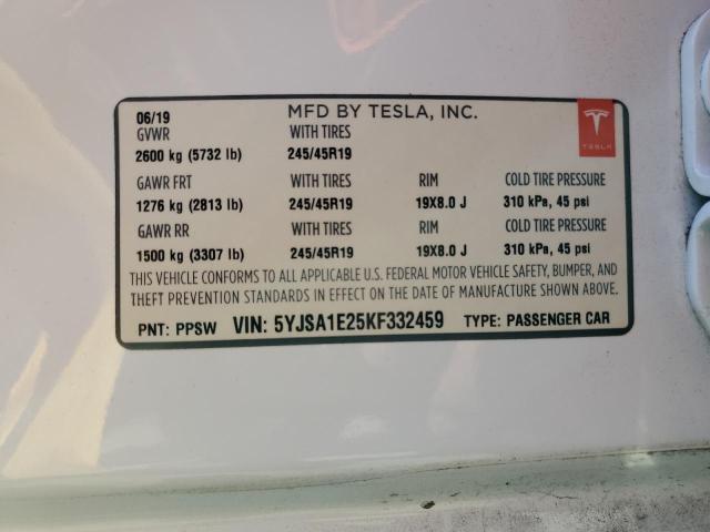 5YJSA1E25KF332459 - 2019 TESLA MODEL S თეთრი ფოტო 13