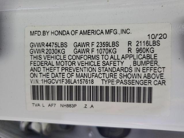 1HGCV1F36LA157618 - 2020 HONDA ACCORD SPORT WHITE photo 12