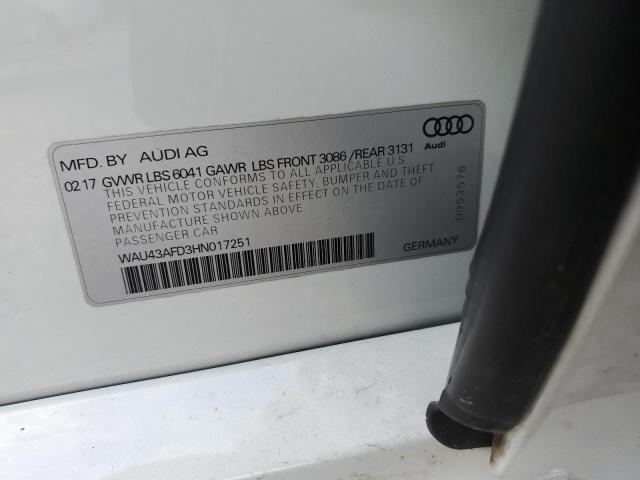 WAU43AFD3HN017251 - 2017 AUDI A8 L QUATTRO WHITE photo 12