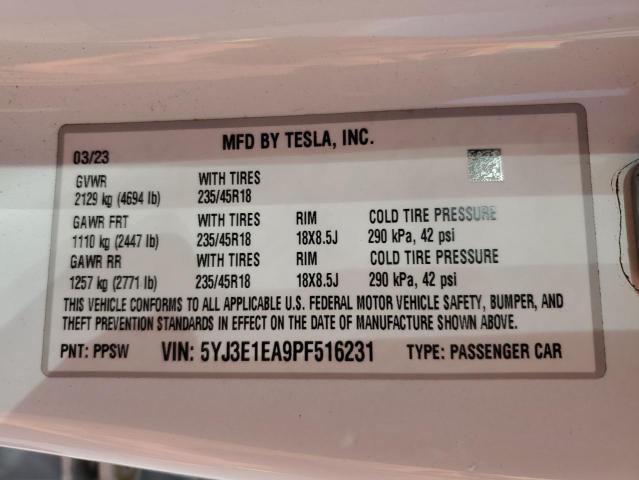 5YJ3E1EA9PF516231 - 2023 TESLA MODEL 3 თეთრი ფოტო 12