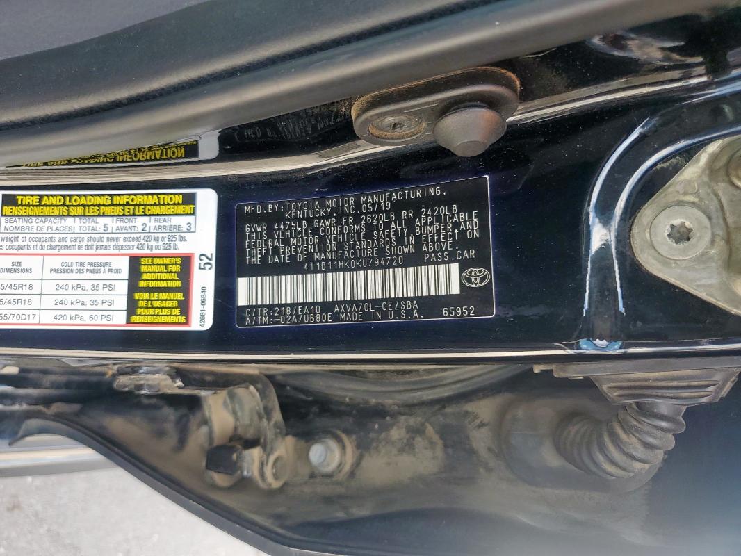 4T1B11HK0KU794720 - 2019 TOYOTA CAMRY L Qara foto 12