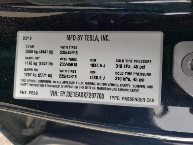 5YJ3E1EAXKF297708 - 2019 TESLA MODEL 3 BLACK photo 12