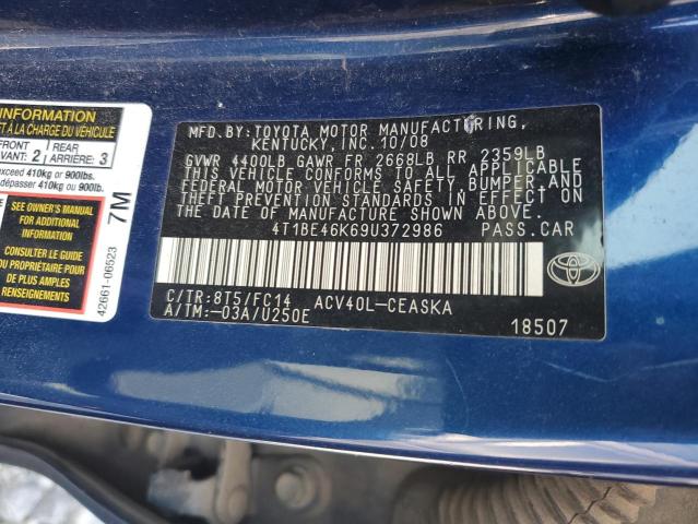 4T1BE46K69U372986 - 2009 TOYOTA CAMRY BASE BLUE photo 12