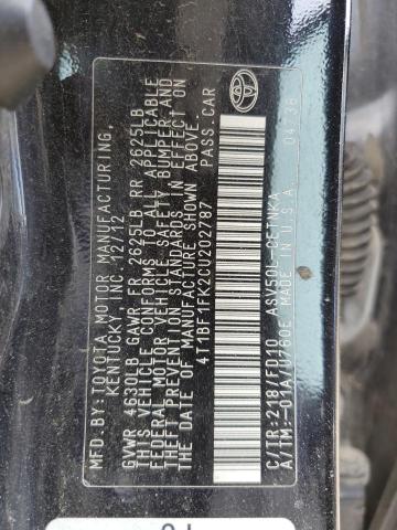 4T1BF1FK2CU202787 - 2012 TOYOTA CAMRY BASE შავი ფოტო 12