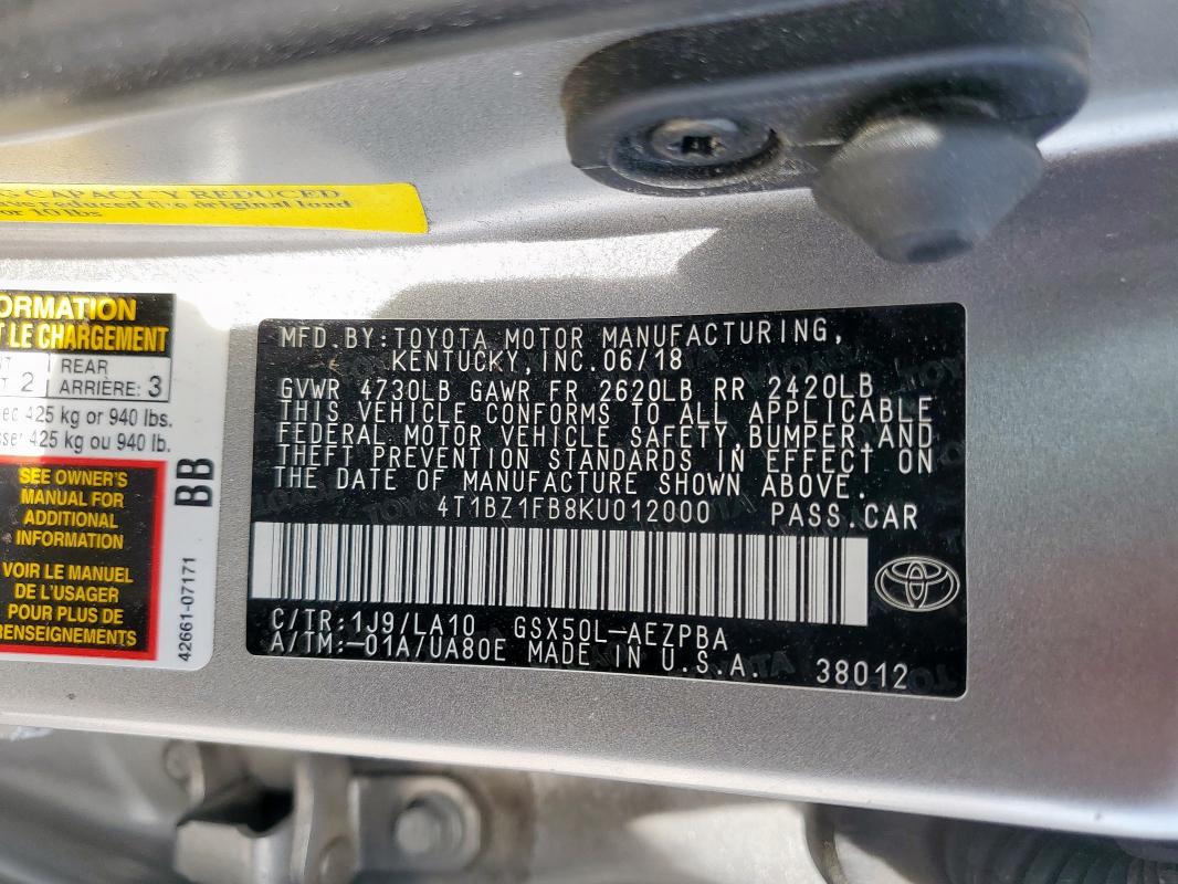 4T1BZ1FB8KU012000 - 2019 TOYOTA AVALON XLE SILVER photo 12