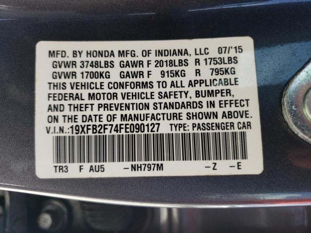 19XFB2F74FE090127 - 2015 HONDA CIVIC SE GRAY photo 12