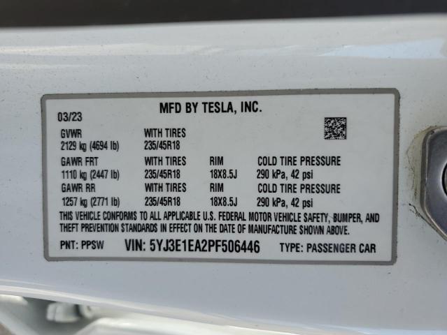 5YJ3E1EA2PF506446 - 2023 TESLA MODEL 3 თეთრი ფოტო 13