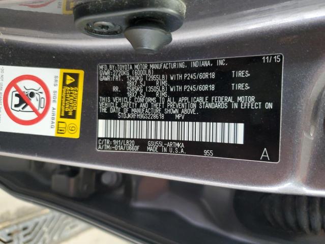 5TDJKRFH9GS228618 - 2016 TOYOTA HIGHLANDER XLE ნაცრისფერი ფოტო 13