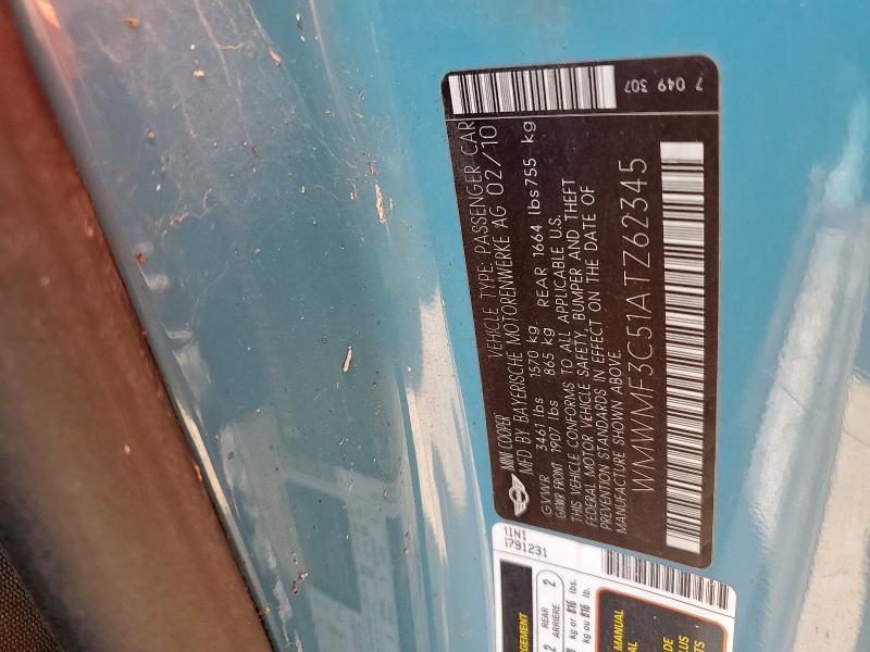 WMWMF3C51ATZ62345 - 2010 MINI COOPER ტურკოუსი ფოტო 12