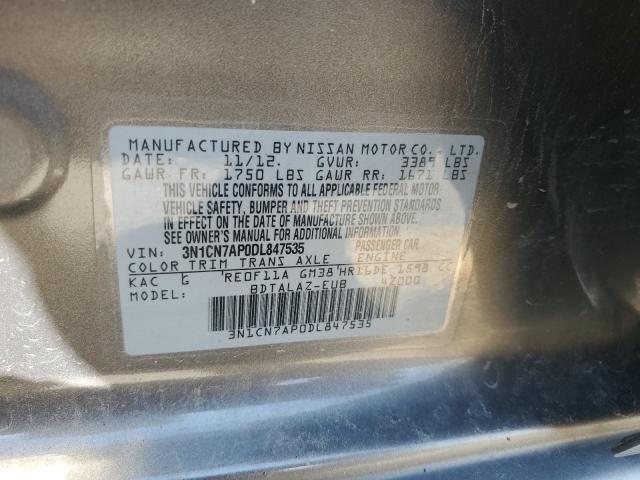 3N1CN7AP0DL847535 - 2013 NISSAN VERSA S 灰色 照片 12