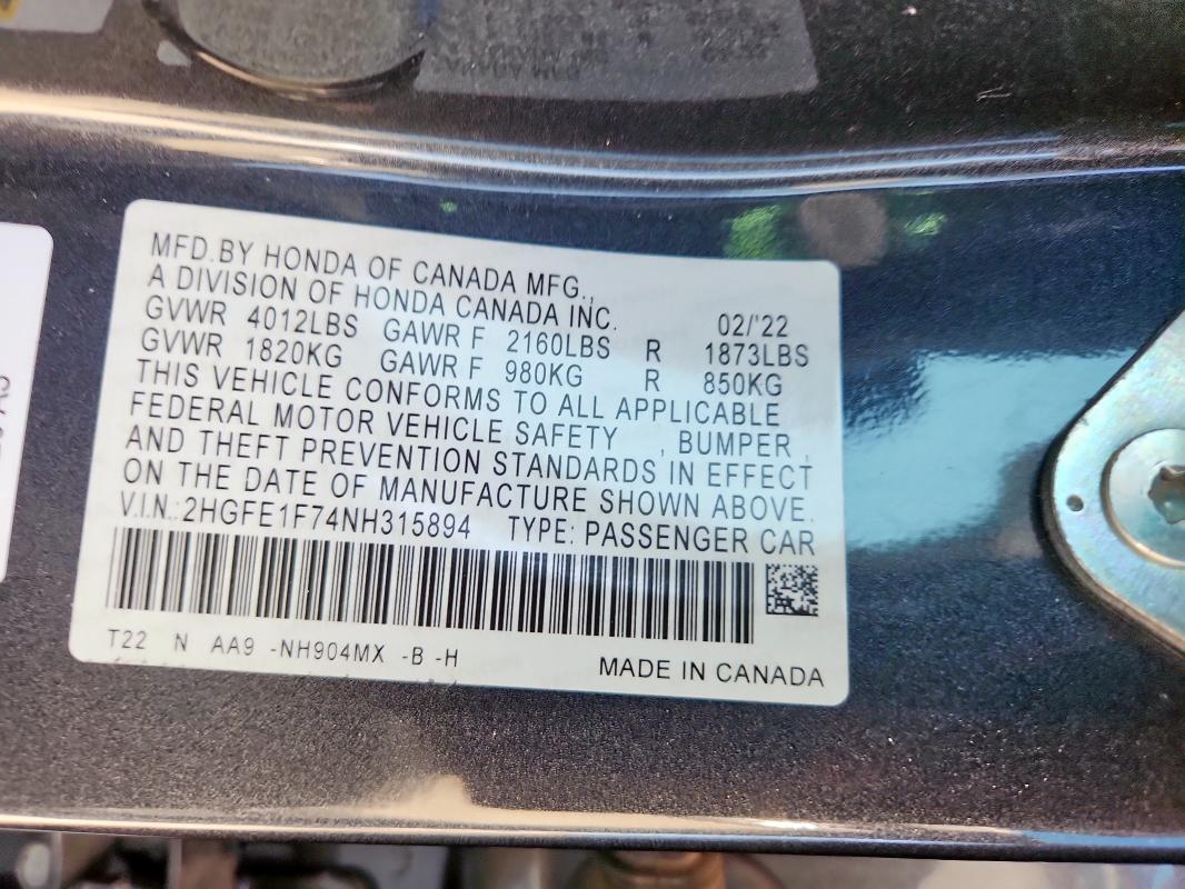 2HGFE1F74NH315894 - 2022 HONDA CIVIC EX CHARCOAL photo 12