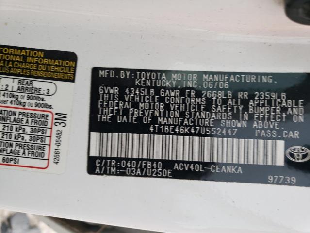 4T1BE46K47U552447 - 2007 TOYOTA CAMRY CE WHITE photo 12