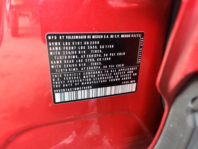 3VV3B7AX1NM079468 - 2022 VOLKSWAGEN TIGUAN SE MAROON photo 12