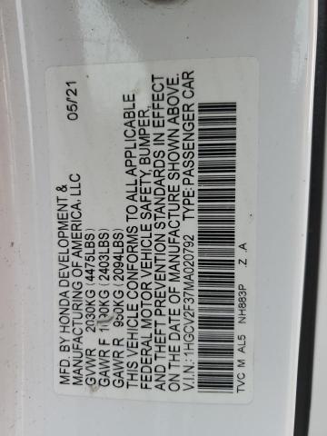 1HGCV2F37MA020792 - 2021 HONDA ACCORD SPORT 白色 照片 12