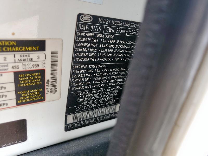 SALWG2VF3FA518484 - 2015 LAND ROVER RANGE ROVE SE WHITE photo 12