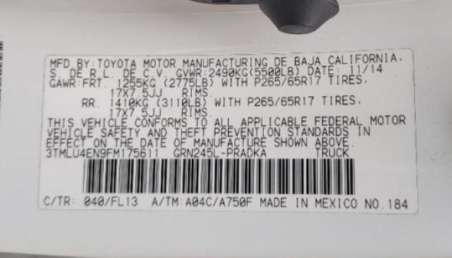 3TMLU4EN9FM175611 - 2015 TOYOTA TACOMA DOUBLE CAB Սպիտակ լուսանկար 12