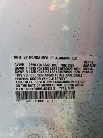 5FNYF6H95LB013212 - 2020 HONDA PILOT TOURING WHITE photo 13