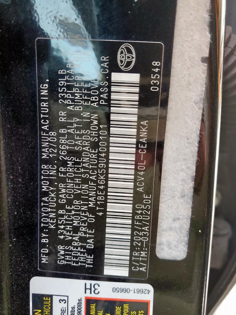 4T1BE46K59U400101 - 2009 TOYOTA CAMRY BASE BLACK photo 12