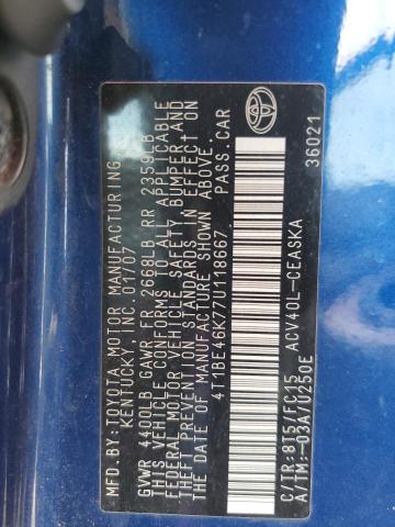 4T1BE46K77U118667 - 2007 TOYOTA CAMRY CE BLUE photo 12