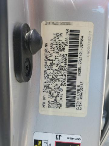 5YFBU4EE9CP066694 - 2012 TOYOTA COROLLA BASE Արծաթագույն լուսանկար 12