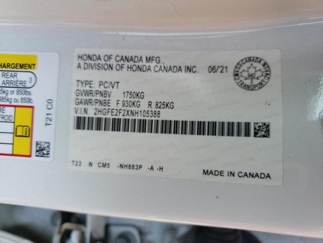 2HGFE2F2XNH105388 - 2022 HONDA CIVIC LX Білий фото 13