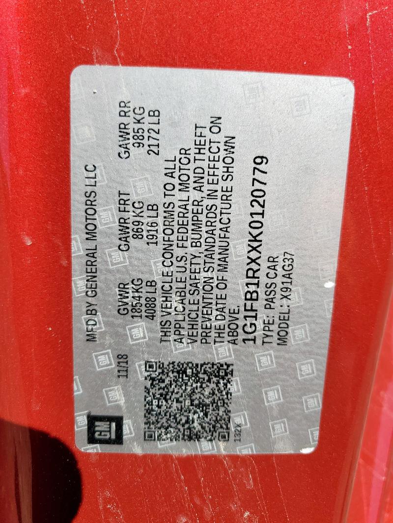 1G1FB1RXXK0120779 - 2019 CHEVROLET CAMARO LS 栗色 照片 12