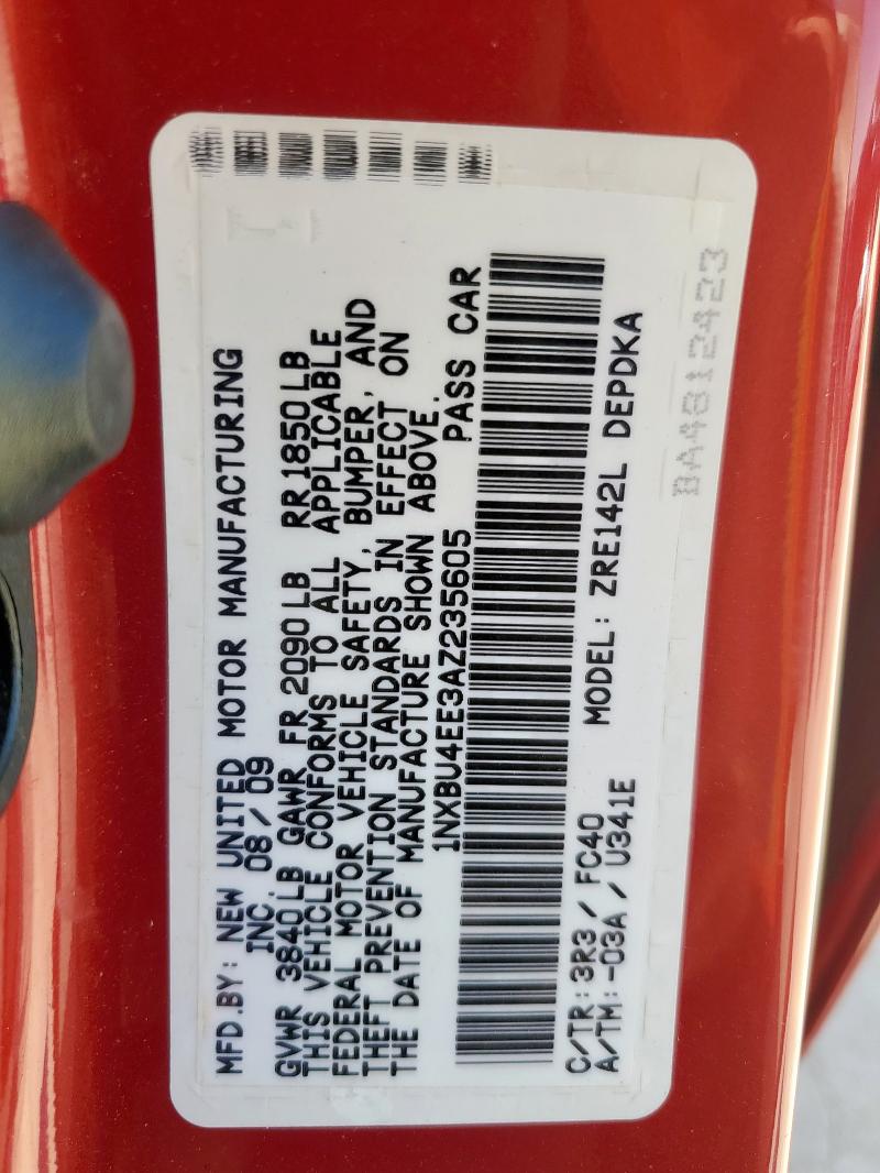 1NXBU4EE3AZ235605 - 2010 TOYOTA COROLLA BASE Կարմիր լուսանկար 12