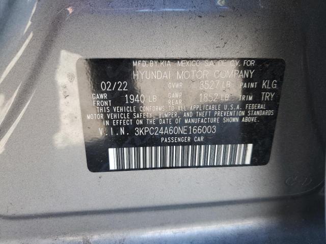 3KPC24A60NE166003 - 2022 HYUNDAI ACCENT SE GRAY photo 12