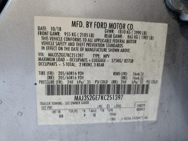 MAJ3S2GE7KC251397 - 2019 FORD ECOSPORT SE SILVER photo 13