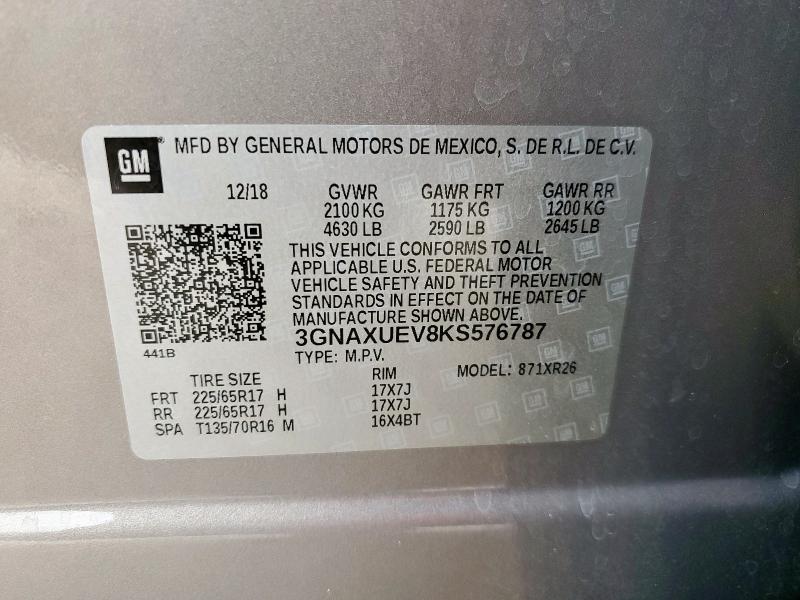 3GNAXUEV8KS576787 - 2019 CHEVROLET EQUINOX LT GRAY photo 14