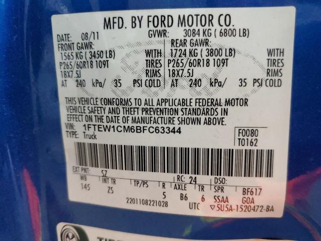 1FTEW1CM6BFC63344 - 2011 FORD F150 SUPERCREW BLUE photo 12