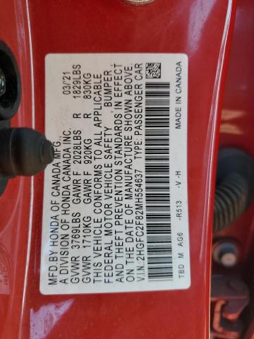 2HGFC2F82MH554637 - 2021 HONDA CIVIC SPORT RED photo 12