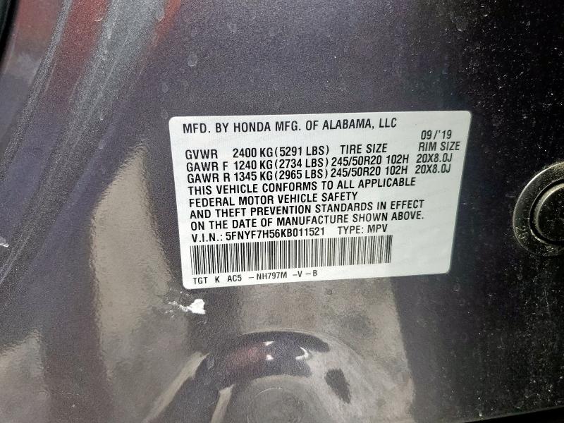 5FNYF7H56KB011521 - 2019 HONDA PASSPORT EXL GRAY photo 14