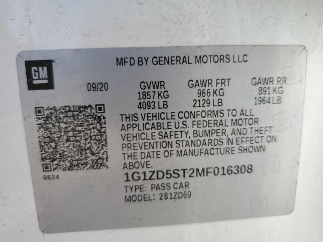 1G1ZD5ST2MF016308 - 2021 CHEVROLET MALIBU LT WHITE photo 12