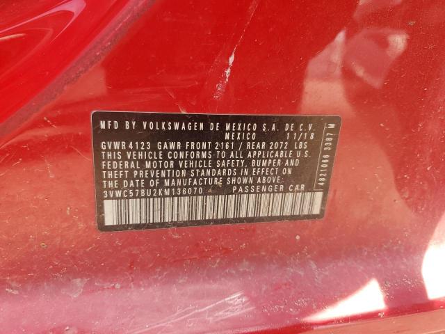 3VWC57BU2KM136070 - 2019 VOLKSWAGEN JETTA S 红色 照片 12