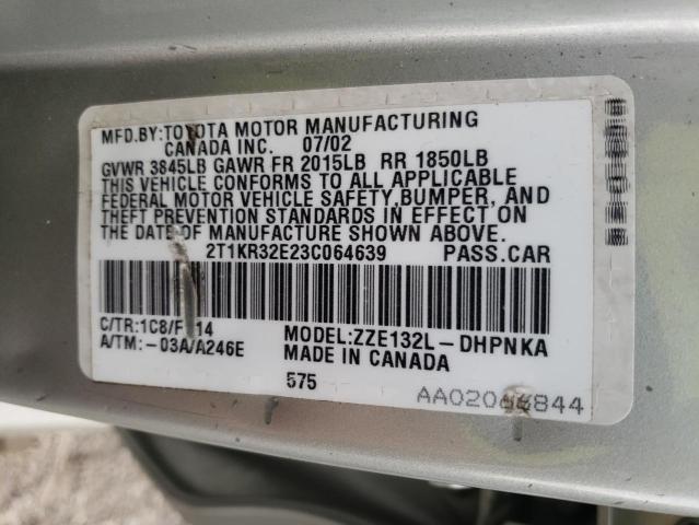2T1KR32E23C064639 - 2003 TOYOTA COROLLA MA XR SILVER photo 12