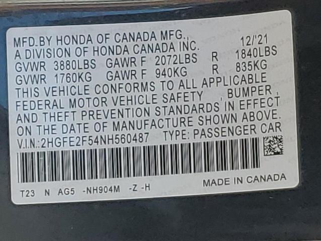 2HGFE2F54NH560487 - 2022 HONDA CIVIC SPORT CHARCOAL photo 12