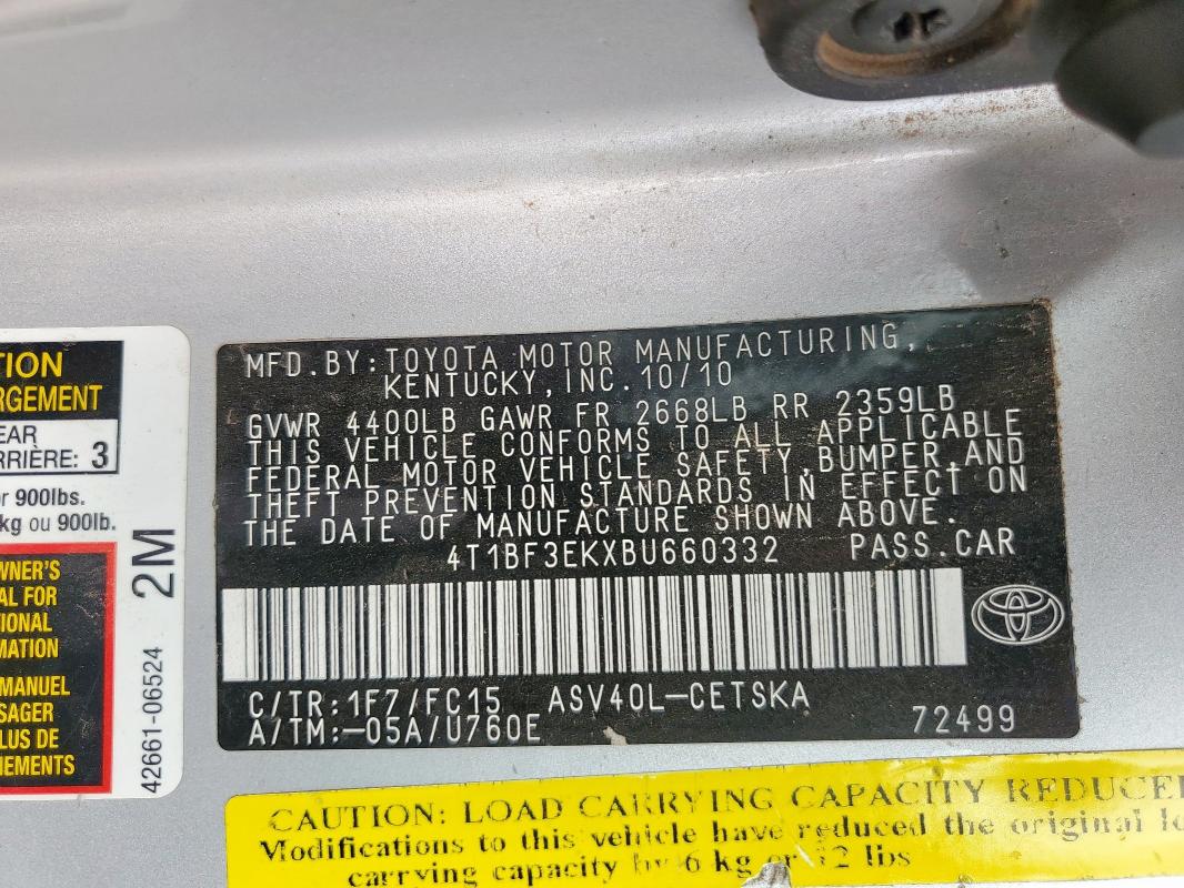 4T1BF3EKXBU660332 - 2011 TOYOTA CAMRY BASE فضي صورة 12