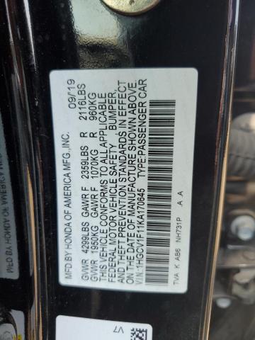 1HGCV1F11KA170645 - 2019 HONDA ACCORD LX BLACK photo 12