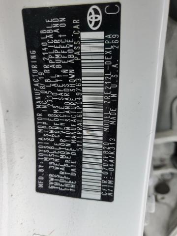 5YFEPRAE6LP049763 - 2020 TOYOTA COROLLA LE Սպիտակ լուսանկար 12