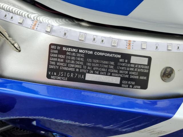 JS1GR7HA612106169 - 2001 SUZUKI GSX-R750 BLUE photo 10