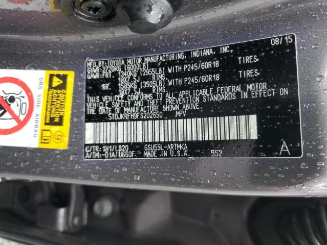 5TDJKRFH9FS202650 - 2015 TOYOTA HIGHLANDER XLE GRAY photo 13