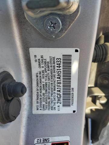 2HGFA1F81AH514433 - 2010 HONDA CIVIC EX SILVER photo 13