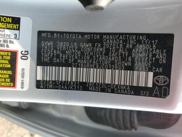 2T1BURHE9JC012933 - 2018 TOYOTA COROLLA L Күміс фото 12